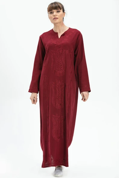 Uzun Kol Şile Bezi Simli Kaftan Midi Boy Yazlık Elbise Bordo Brd 3XL Bordo ürün görseli 1