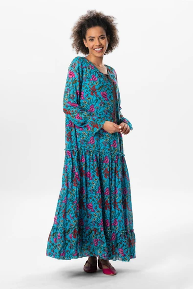 Uzun Kol Vual Gonca Uzun Yazlık Elbise Gelincik Desen Turkuaz Çizgili 6156 L/XL Turkuaz ürün görseli 1