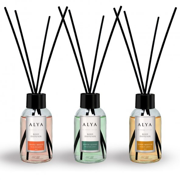 Alya Bambu Çubuklu Oda Kokusu Egzotic Leaves ve Woody Oriental ve Tropic Breeze 100 ml x 3 Adet ürün görseli 1