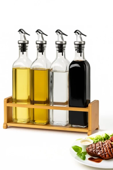 Cam Zeytinyağı ve Sirke Şişesi Seti Doğa Ahşap Tutucu 250ml Sızdırmaz Kapaklı Sos Yağdanlık Set Standlı 4'lü Set ürün görseli 1