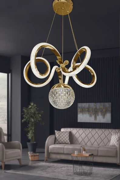 Kıvrım Tekli  Kristal Top Simli  Slikonlu Modern Oturma Led Avizesi ürün görseli 1