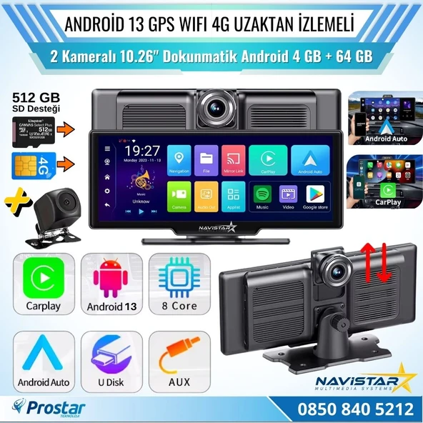 Kayıtlı 2 Kameralı Android 13 WIFI GPS 4G Uzaktan izlemeli 4 GB + 64 GB Carplay 512 GB Destekli Tak Kullan Kamera Seti ürün görseli 1
