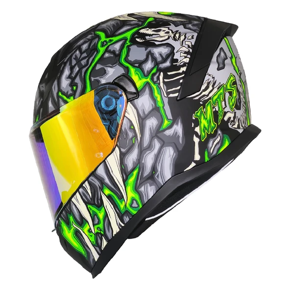 MTS M-910 SKULL MAT SİYAH-YEŞİL-BEYAZ GÜNEŞ VİZÖRLÜ KASK (GOLD CAMLI) ürün görseli 1
