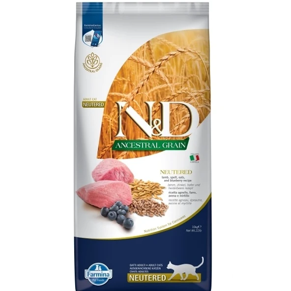 N&D Ancestral Grain Kuzu Etli ve Yaban Mersinli Ata Tahıllı Kısırlaştırılmış Kedi Maması 10 Kg ürün görseli 1