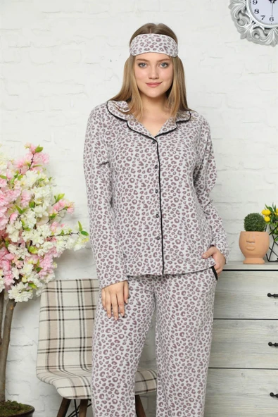 Moda Çizgi Polar Önden Düğmeli Kadın Pijama Takımı 8082 ürün görseli 1