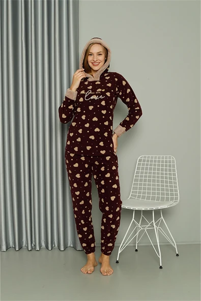 Moda Çizgi Welsoft Polar Kadın Kapşonlu Pijama Takımı 8513 ürün görseli 1