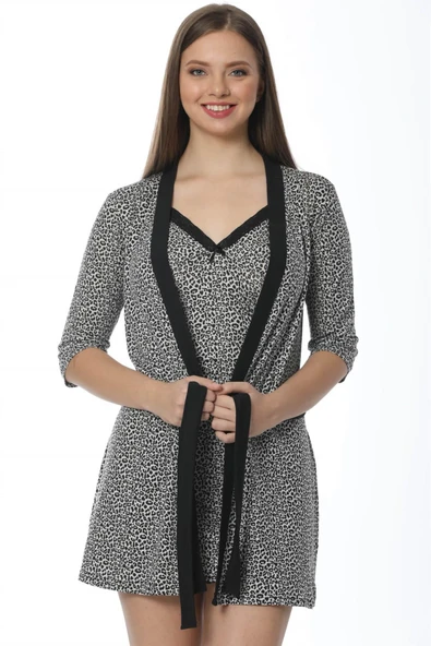 Moda Çizgi Bayan Gri Leopar Desenli Gecelik Sabahlık Takım 1107 ürün görseli 1