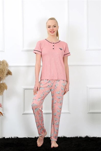 Moda Çizgi Kadın Gül Kurusu Kısa Kol Pijama Takım 20388 ürün görseli 1