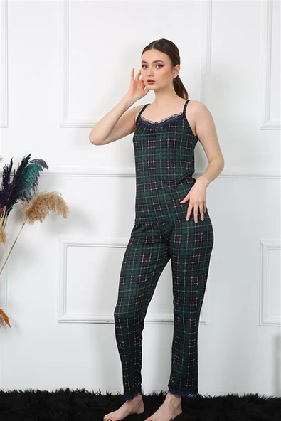 Moda Çizgi Kadın İp Askılı Yeşil Ekoseli Pijama Takım 4135 ürün görseli 1