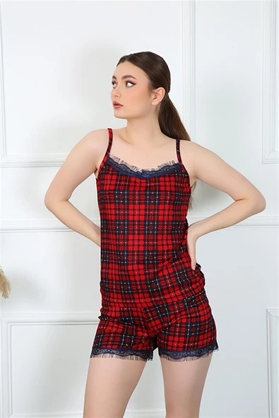 Moda Çizgi Kadın İp Askılı Ekoseli Şortlu Takım 3599 ürün görseli 1