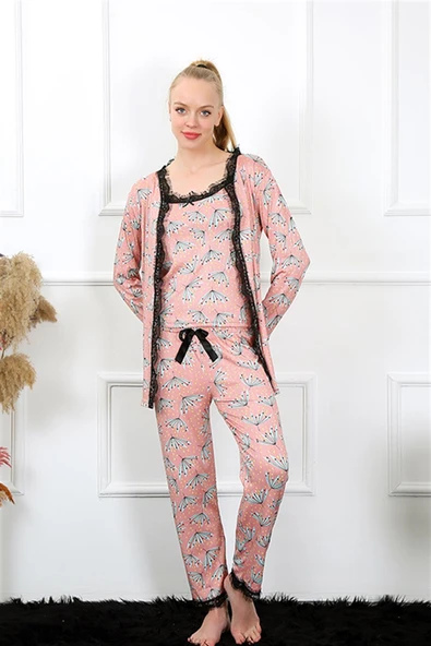 Moda Çizgi Kadın 3'lü Somon Sabahlık Pijama Takım 16103 ürün görseli 1