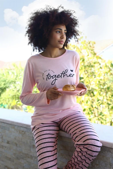 Moda Çizgi Kadın Penye Uzun Kol Pijama Takım 4190 ürün görseli 1