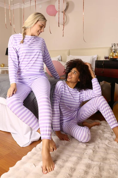 Moda Çizgi Kadın Uzun Kol Penye Pijama Takım 4175 ürün görseli 1