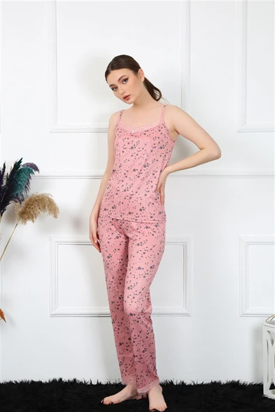 Moda Çizgi Kadın İp Askılı Pudra Pijama Takım 4137 ürün görseli 1