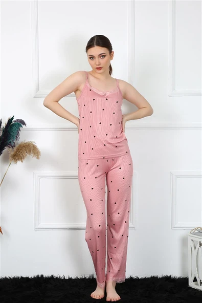 Moda Çizgi Kadın İp Askılı Somon Pijama Takım 4138 ürün görseli 1