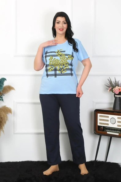 Moda Çizgi Kadın Büyük Beden Mavi Pijama Takımı 202402 ürün görseli 1