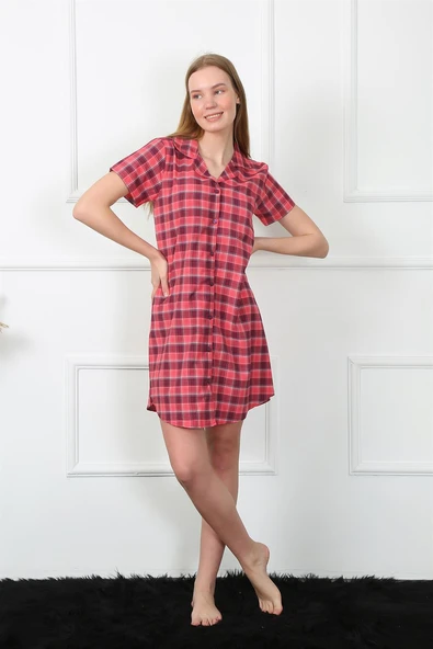 Moda Çizgi Kadın Dokuma Kumaş Önden Düğmeli Kırmızı Tunik Gecelik 1030 ürün görseli 1
