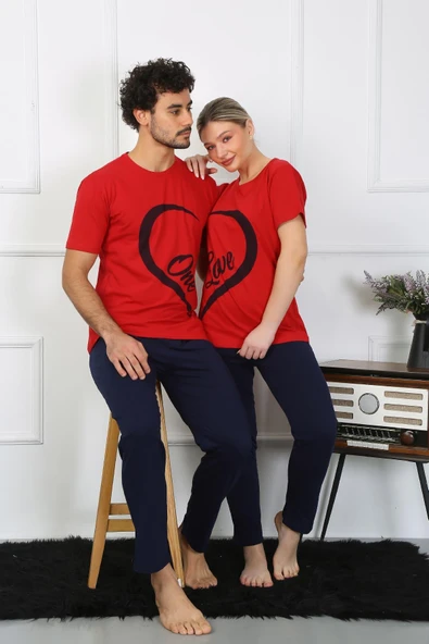 Moda Çizgi Kadın Pamuk Penye Sevgili Kombini Pijama Takımı Kırmızı 50128 Tek Takım Fiyatıdır ürün görseli 1