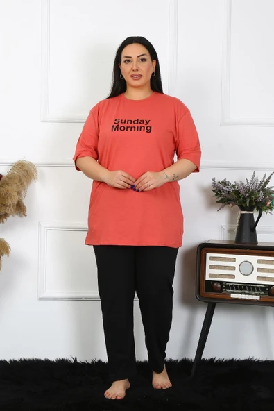Moda Çizgi Kadın Büyük Beden Mercan Pijama Takımı 202404 ürün görseli 1