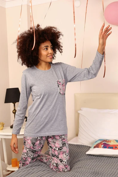 Moda Çizgi Kadın Uzun Kol Penye Pijama Takım 4195 ürün görseli 1