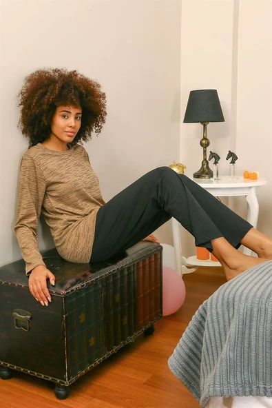 Moda Çizgi Kadın Uzun Kol Penye Pijama Takım 4178 ürün görseli 1