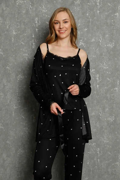 Moda Çizgi Kadın %100 Pamuk 3'lü Sabahlık Pijama Takım 16103 ürün görseli 1