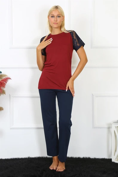 Moda Çizgi Kadın Kolu Dantelli Penye Pijama Takım 4149 ürün görseli 1