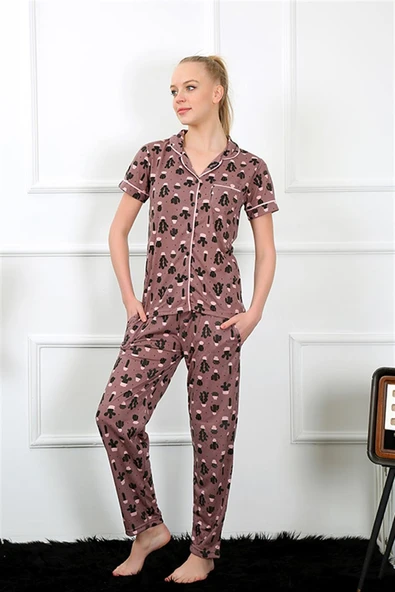 Moda Çizgi Kadın Kahve Önden Düğmeli Kısa Kol Pijama Takım 2844 ürün görseli 1