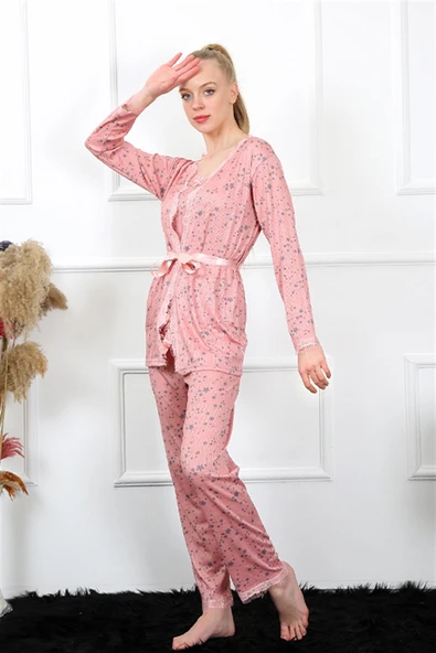Moda Çizgi Kadın 3'lü Gül Kurusu Sabahlık Pijama Takım 16103 ürün görseli 1