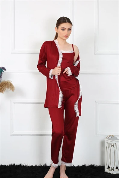 Moda Çizgi Kadın 3'lü Bordo Sabahlık Takım 16108 ürün görseli 1