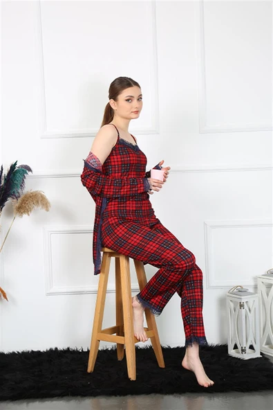 Moda Çizgi Kadın 3'lü Ekoseli Sabahlık Takım 16106 ürün görseli 1