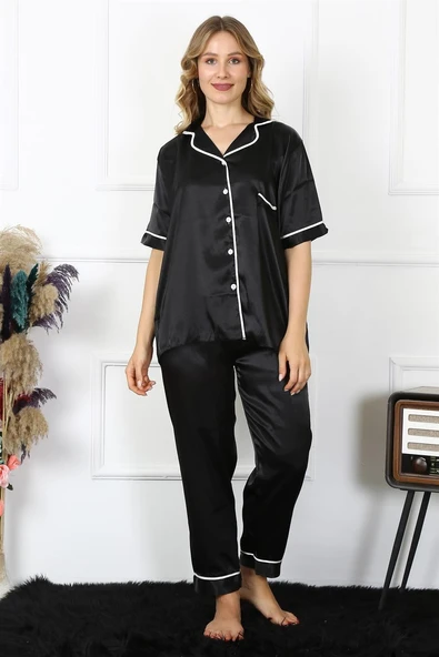 Moda Çizgi Kadın Büyük Beden Siyah Saten Pijama Takımı 10303 ürün görseli 1