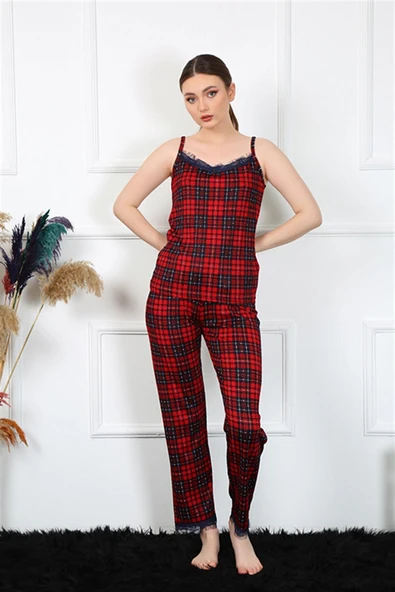 Moda Çizgi Kadın İp Askılı Kırmızı Ekoseli Pijama Takım 4135 ürün görseli 1