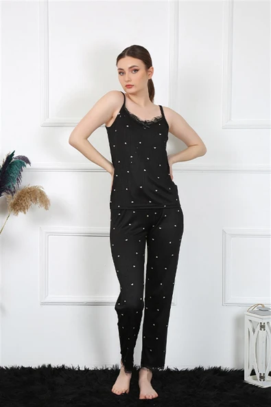 Moda Çizgi Kadın İp Askılı Siyah Pijama Takım 4138 ürün görseli 1