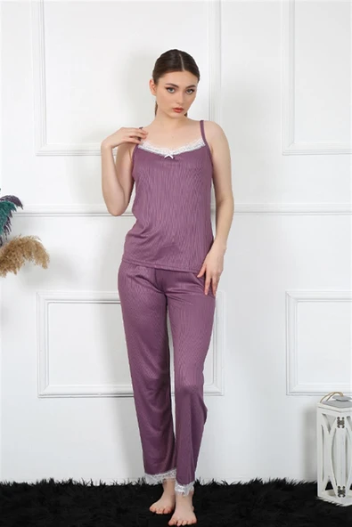 Moda Çizgi Kadın İp Askılı Mürdüm Pijama Takım 4136 ürün görseli 1