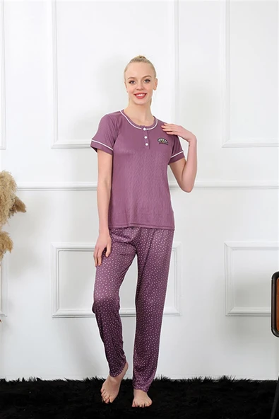 Moda Çizgi Kadın Mürdüm Kısa Kol Pijama Takım 20388 ürün görseli 1