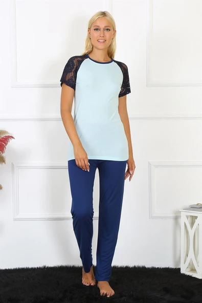 Moda Çizgi Kadın Kolu Dantelli Penye Pijama Takım 4148 ürün görseli 1