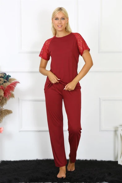 Moda Çizgi Kadın Kolu Dantelli Penye Pijama Takım 4152 ürün görseli 1