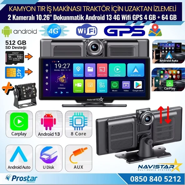 Kamyon Tır için Kayıtlı 2 Kameralı Android 13 WIFI GPS 4G Uzaktan izlemeli 4 GB + 64 GB Carplay 512 GB Destekli Tak Kullan Kamera Seti ürün görseli 1