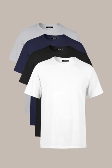 Erkek Çok Renkli %100 Pamuk T- Shirt Regular Fit Rahat Kesim Bisiklet Yaka 4'lü Basic Tişört Paketi ürün görseli 1