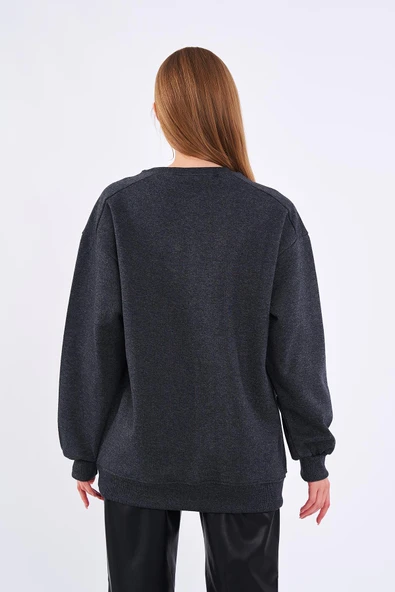 Antrasit Kadın Pamuklu Oversize Basic Bisiklet Yaka Sweatshirt - Resim 5