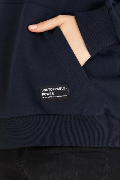 Kadın Lacivert Kapüşonlu Basic Örme Sweatshirt - Resim 5
