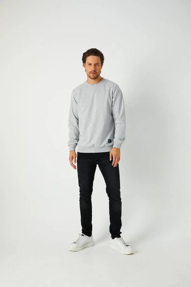 Erkek Gri Basic Bisiklet Yaka Sweatshirt - Resim 5