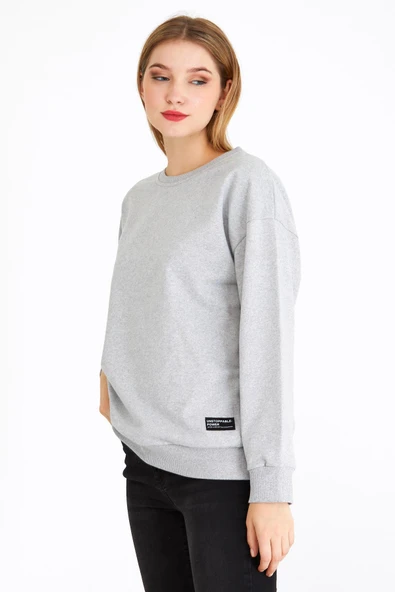 Kadın Gri Renk Basic Bisiklet Yaka Sweatshirt - Resim 3