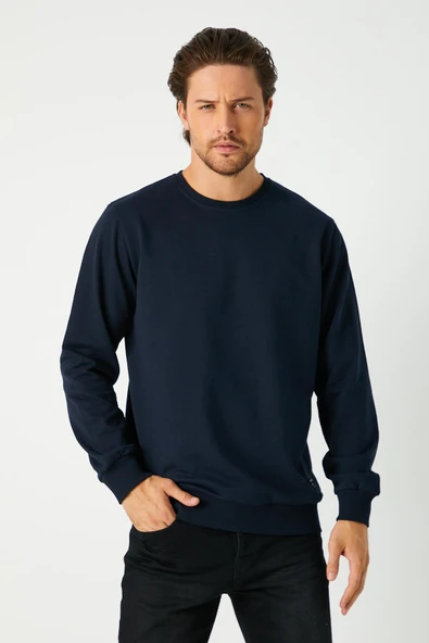Erkek Lacivert Basic Bisiklet Yaka Sweatshirt - Resim 3