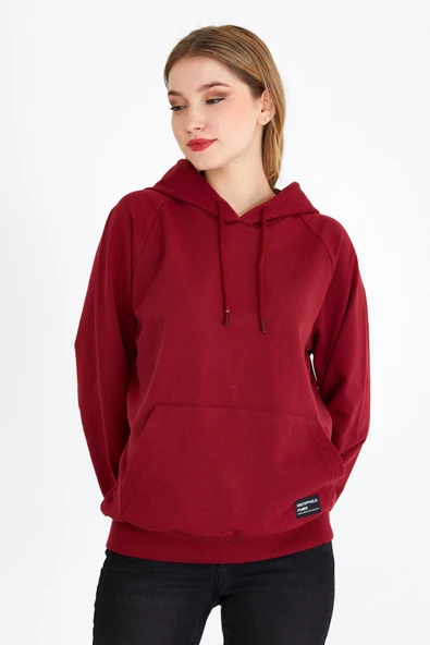 Kadın Bordo Kapüşonlu Basic Örme Sweatshirt - Resim 2