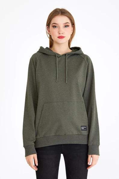 Kadın Haki Kapüşonlu Basic Örme Sweatshirt - Resim 2
