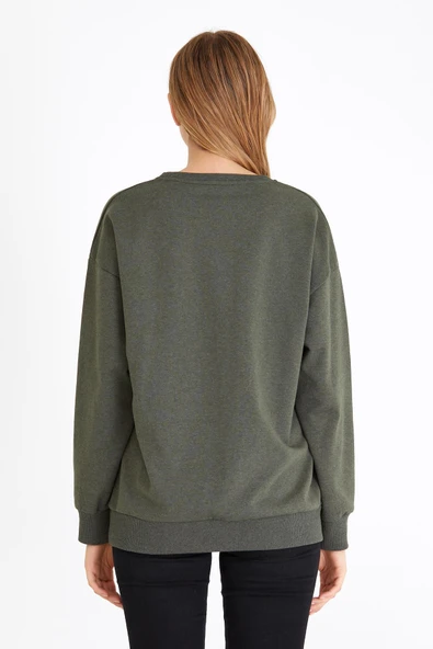 Kadın Haki Renk Basic Bisiklet Yaka Sweatshirt - Resim 6