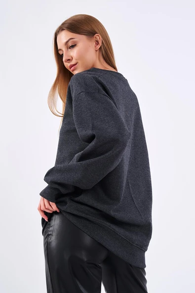 Antrasit Kadın Pamuklu Oversize Basic Bisiklet Yaka Sweatshirt - Resim 4