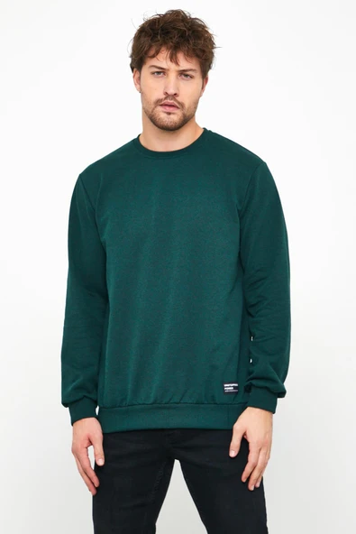 Erkek Koyu Yeşil Basic Bisiklet Yaka Sweatshirt - Resim 3